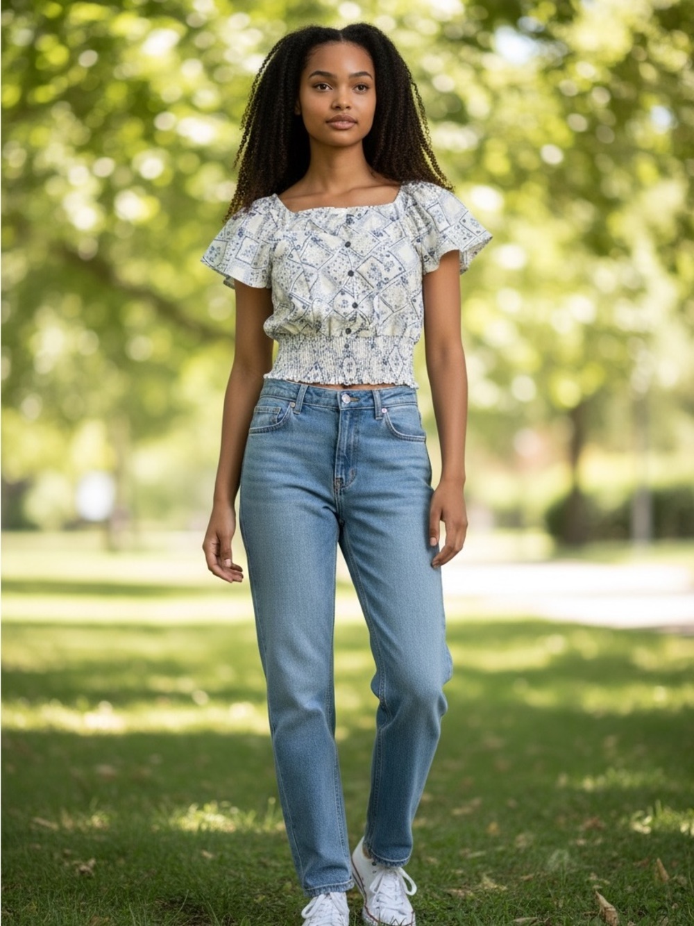 Monteau Los Angeles Blue & White Patchwork Floral Flutter Sleeve Crop Top Size L